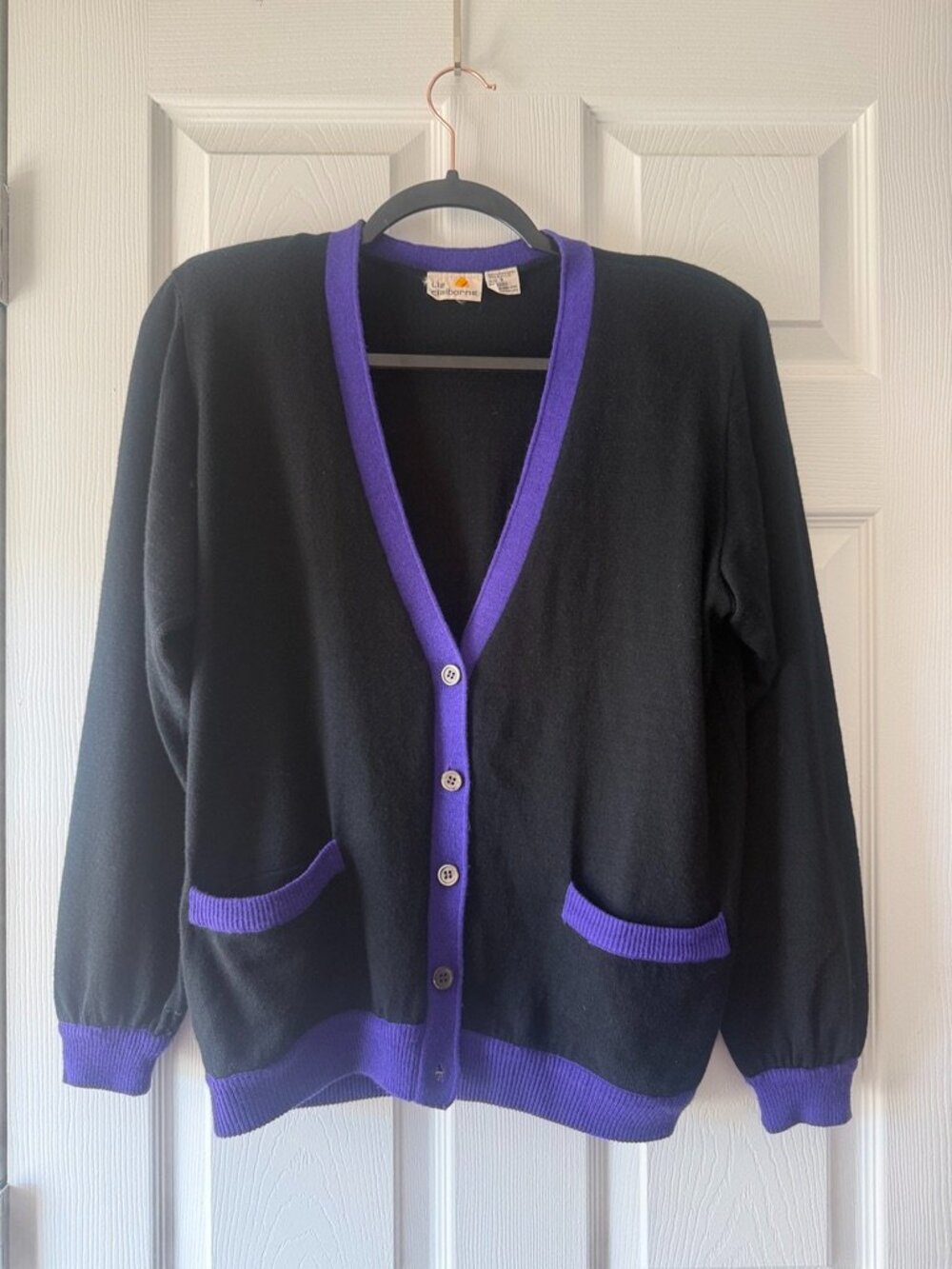Vintage 80s Liz Claiborne Lambswool Cardigan Black Purple Trim Size Small